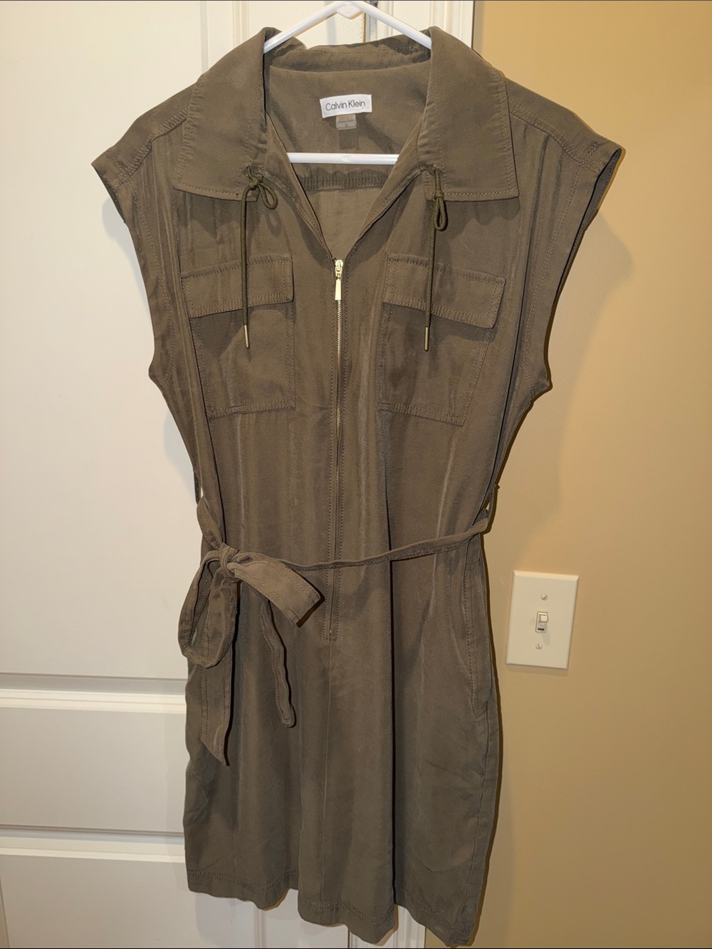 Calvin Klein Olive Utility Shirt Dress with Tie Belt